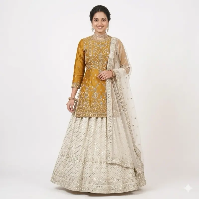 Women's Gold and White Lehenga Choli, Embellished Indian Dress Set with a Sequined Skirt and Matching Dupatta, Women's Clothes, Costumes