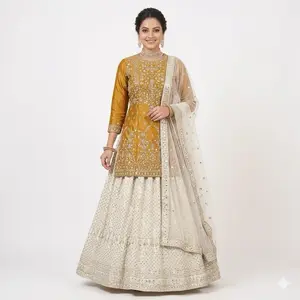 Indian Women Attire Womenswear - Gold and White Embellished Dress with Sequined Skirt and Matching Accessories
