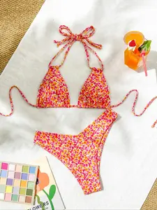 Two-piece Set Women's Halter Bikini Set, High Stretch Casual Comfy Tie Back Backless Swim Top & High Cut Swim Bottom Swimwear Set, Fashion Chic Ladies Bathing Suit for Beach Vacation, Floral Swimsuits, Beach Bikinis