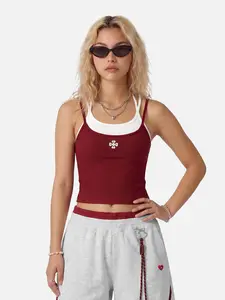 Aelfric Eden Contrast Layered Padded Cami Top Slim Cropped Fit Chest Cross Flower Embroidery High-Stretch Ribbed Fabric Y2K Edgy Streetwear Women's Camisole