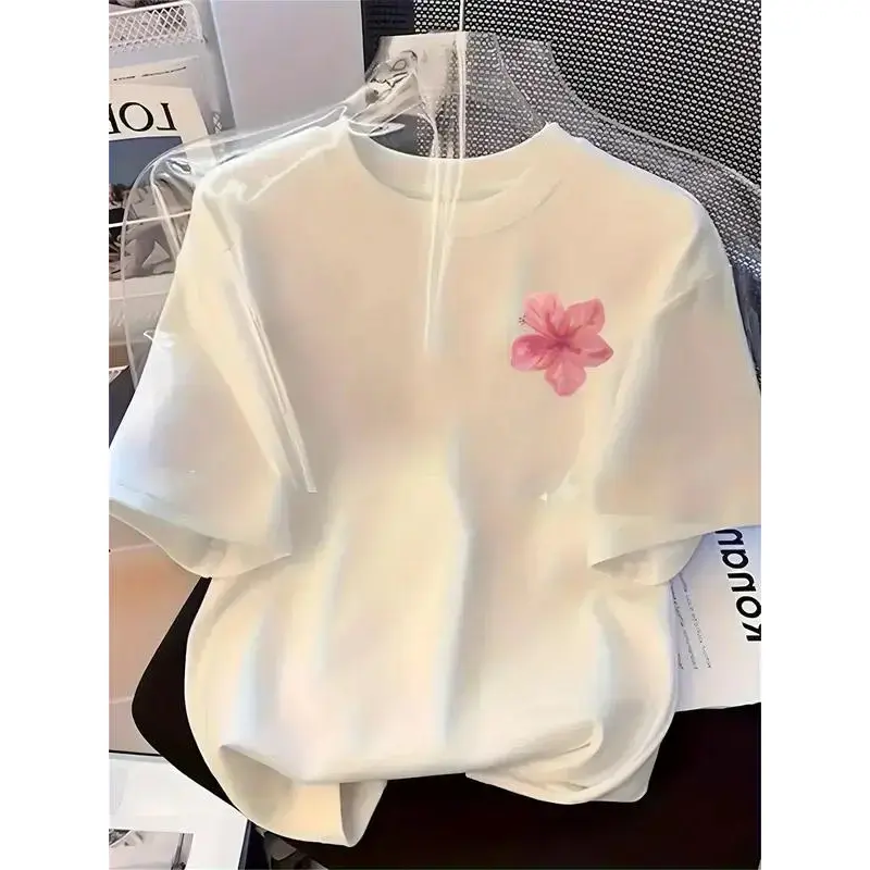 Lady's 100% Cotton Short-Sleeve Round Neck Handcrafted Tshirt - Bold Flower Print Streetwear Cute Top, Casual Sports Outerwear, Handcrafted Tee