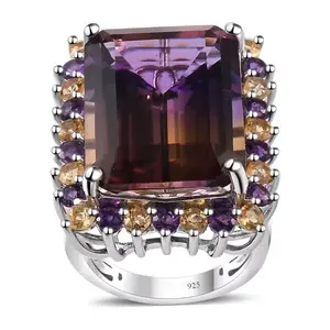 Ametrine, Citrine & Amethyst Halo Ring In Rhodium over Sterling Silver 25.00ctw