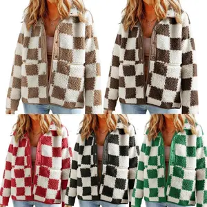 Women's Checkered Sherpa Jacket Casual Long Sleeve Lapel Button Down Warm Winter Coat with Pockets, Can Be Matched With Raincoat