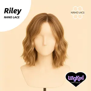 Riley-Wigked Nano Lace 14 Inches Low Density Brown Sugar Brown with Vanilla Blonde Highlights, Water Wave Short Bob, Middle Part with Baby Hairs.