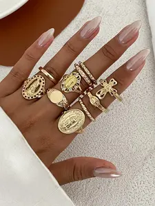 10-Piece Punk Hip-Hop Stackable Rings, Rhinestone Cross & Hollow Virgin Mary Design, Y2K Street Fashion, Concerts, Parties, Gifts
