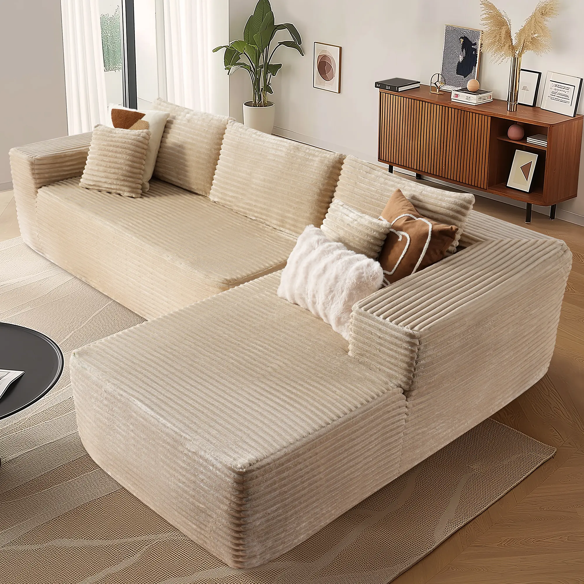 Beige Plush Corduroy Right Chaise