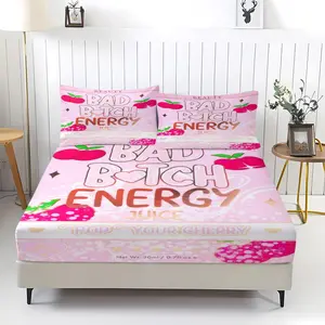 3Pcs Trendy Y2K Bad Bitch Energy Fitted Sheet Set No Fillers, Cute Cherry Ice Cream Vanilla Snack Print Bed Sheet Set, Aesthetic Coquette Bedding Set with 2 Pillowcases, Deep Pocket Bedding for Teen Girls Dorm Bedroom Decor