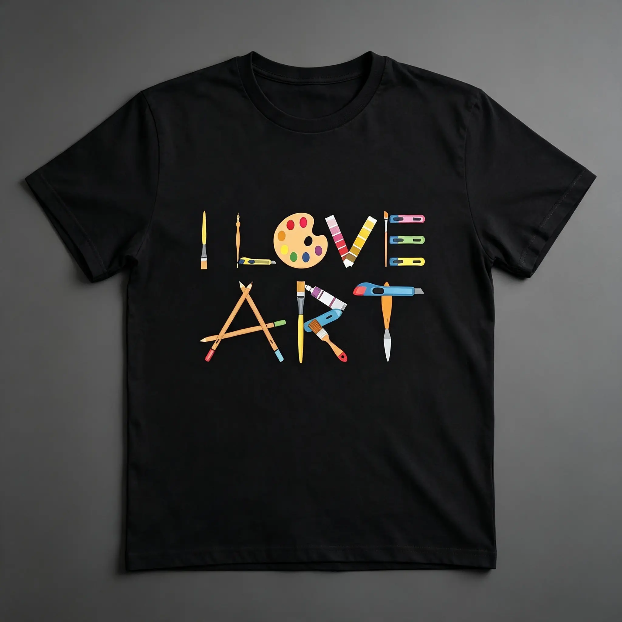 Women's Round Neck 'I Love Art' Graphic T-Shirt - Casual Black Short-Sleeve Top with Colorful Pencil and Palette Print