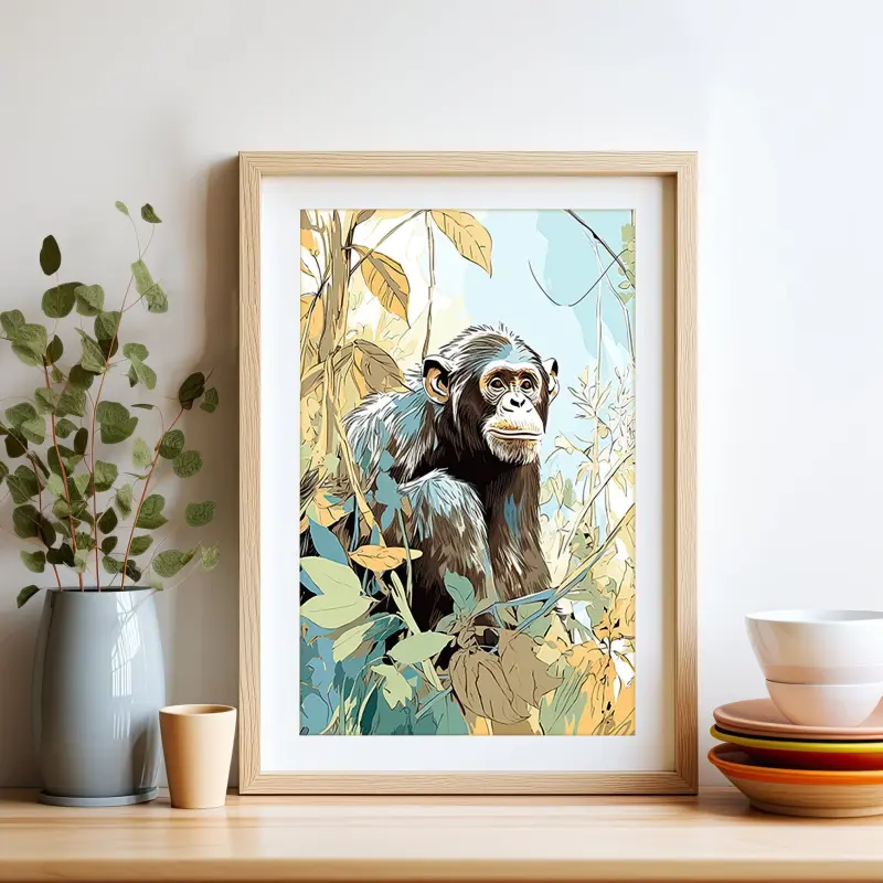 Chimpanzee Boho Illustration Jungle Animal Art Poster | Boho Wall Animal Print For Home, Dorm & Office