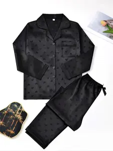 Women's Heart Jacquard Pajama Set, Long Sleeve Button Front Top & Pants, Fitted, Soft Polyester Fabric, Comfortable Home Wear Nightwear tiktokshopbacktoschool  halloween  loungewear pajamaset