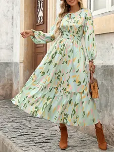 Stunning Printed Chiffon Dress Tie-Waist Design for Flattering Silhouette Ankle-Length Effortlessly Elegant with Every Step Breathable Chiffon Fabric Casual Soft Bohemian Crewneck Long Sleeve Womenswear Summer Belt Flash Loose Boho