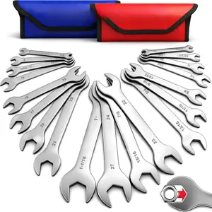 Thin Open End Wrench Set, Bike Wrench Set with Rolling Pouch, 19-Piece SAE & Metric, Stainless Steel, 1/4" to 1-1/16" & 5.5mm to 27mm for Mechanics, Gift, Spring Glow Up