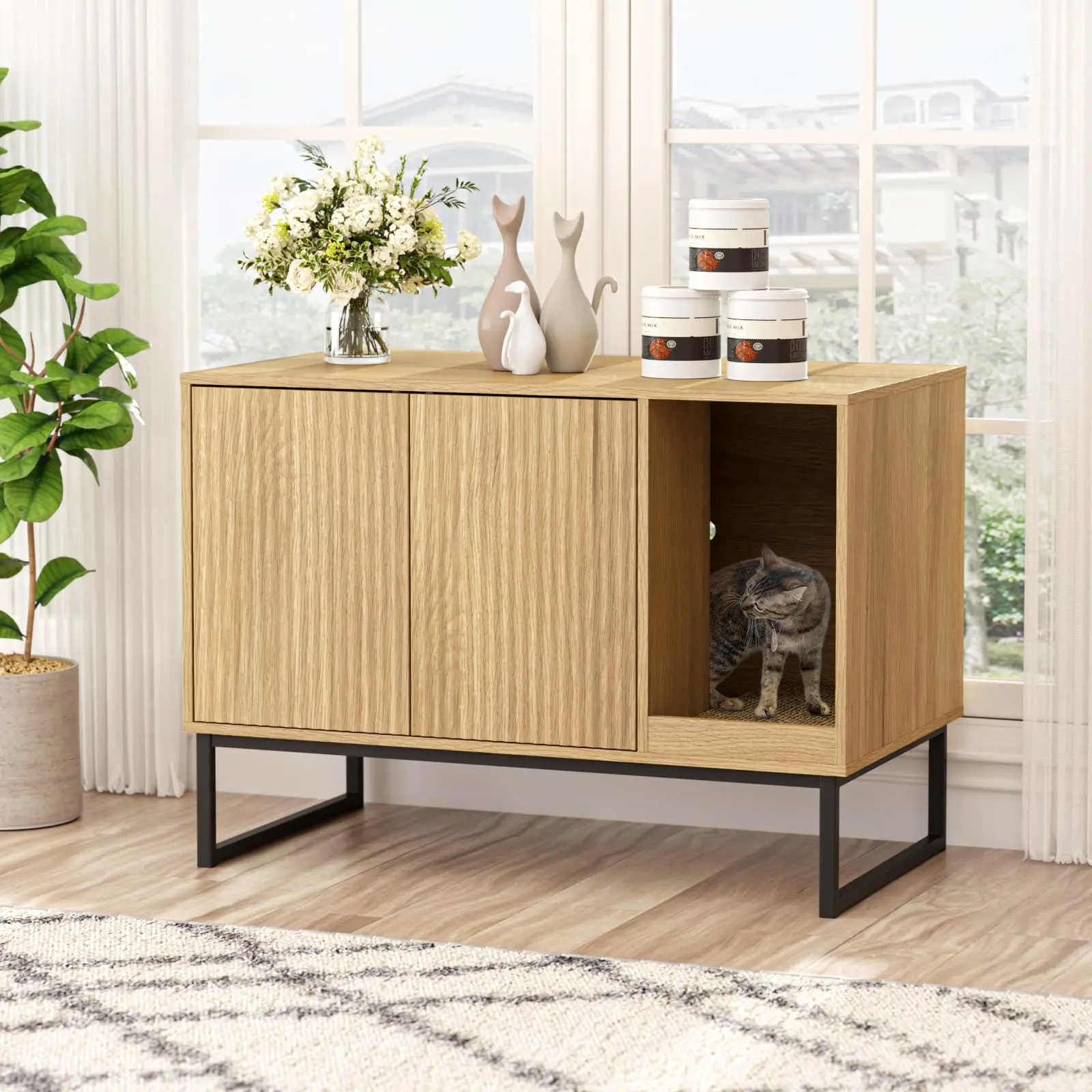 [Summergarden] Vabches Cat Litter Box Enclosure, Fluted Hidden Litter Box Furniture with Scratch Pad and Metal Legs, Modern Enclosed Cat Cabinet, 31.5 x 17.7 x 21.7 Inches Indoor Pet House for Living Room, Washroom, Natural