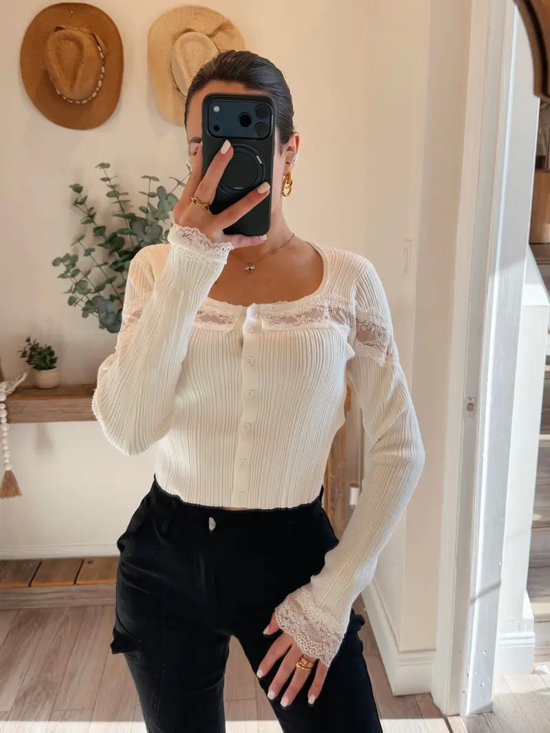 White Lace Insert Long Sleeve Ribbed Sweater Top