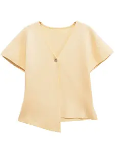 Women's Asymmetrical V Neck Single Button Solid Color Knit Top, Casual Fashion Long Sleeve Pullover for Spring & Fall