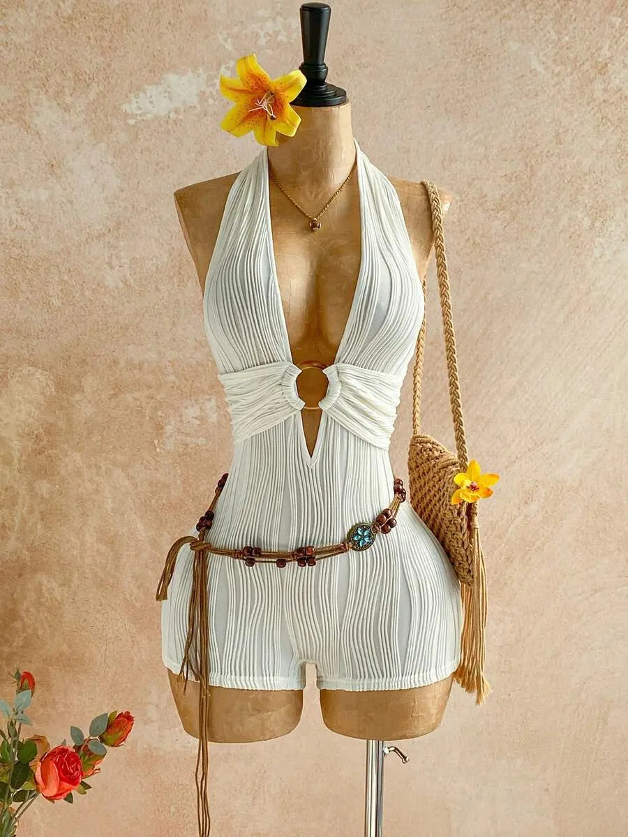Women's White Gold Summer 70s Retro Backless Jumpsuit,Textured Knit Round Ring Decor Beach Vacation Party Elegant Birthday Outfit Dress