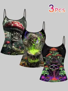 Psychedelic Mushroom Skull Print Straps, Cyberpunk Style Slim-Fitting Sleeveless Top, Three-Piece Set for Trendy