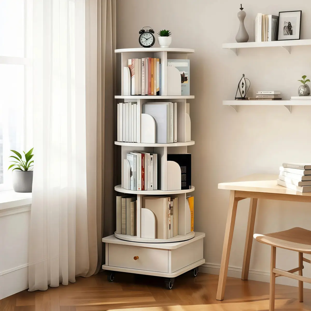 5 Tier Rotating Bookshelf Tower, 360° Revolving Bookcase with Wheels and Drawer, Round Spinning Book Shelf Kids, Small Corner Bookshelf for Living Room, Home, Office, White