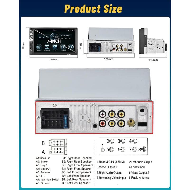 Single Din 7 Inch Car Stereo with Carplay Android Auto Bluetooth 5.1 Touchscreen Car Audio Receiver with Mirror Link FM Radio SWC USB AUX TF Card and 12LED HD Backup Camera