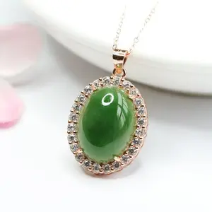 Natural Hetian Jade Necklace, Diamond-bordered Oval Nephrite Pendant