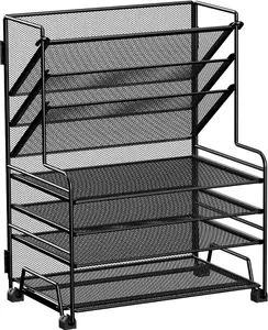4-Tier Paper Organizer Desktop File Organizer Paper Tray with 3-Pocket File Holder for Office Supplies School Classroom Organization, Black (No Drawer & Pen Holder)