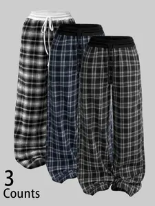Women's Plaid Patchwork Loose-Fit Long Pants, Casual Fashionable All-Season Wear, Comfortable Straight Leg Design