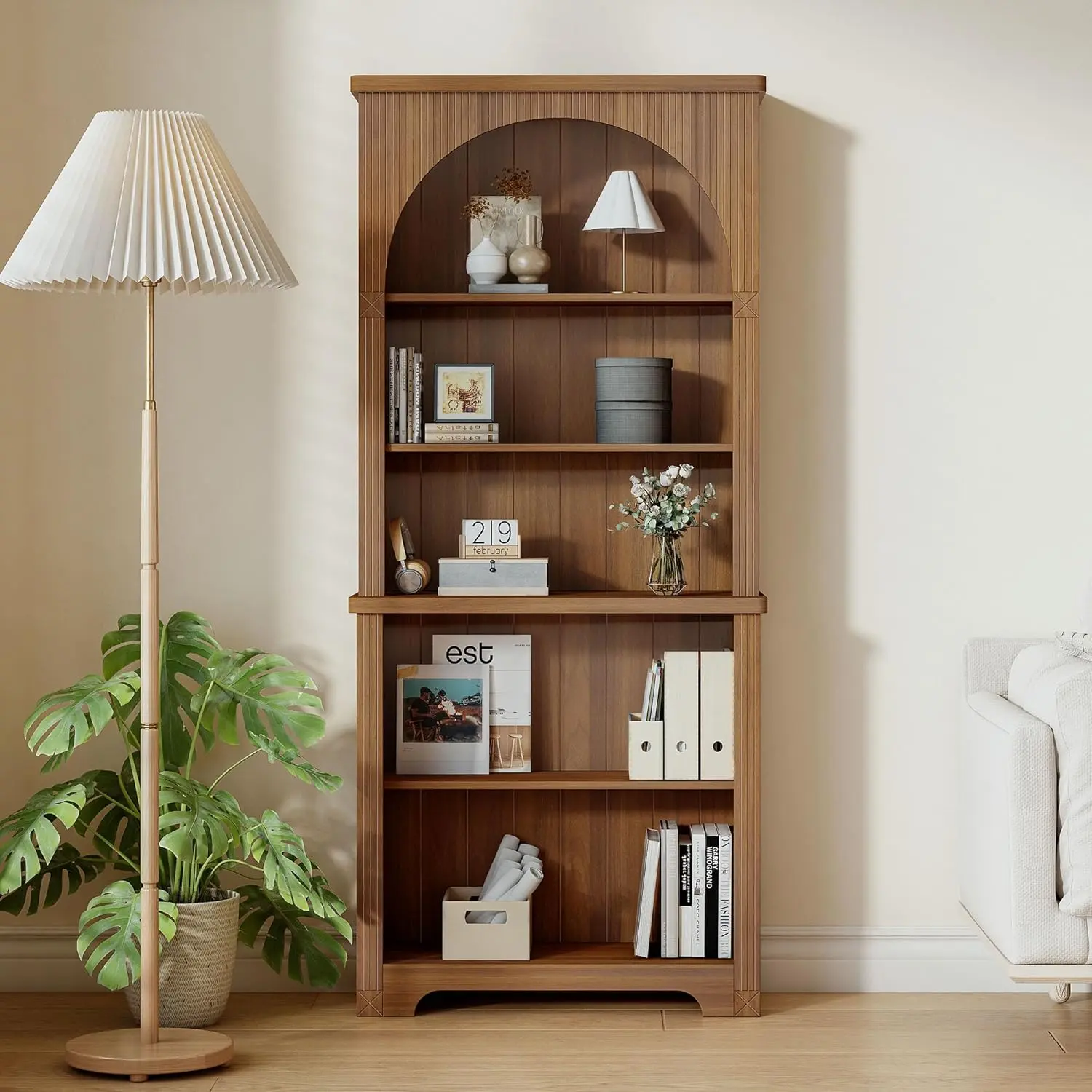 FurSch 71'' Tall Arched Bookshelf, Mid Century Modern Curved Bookcase with 5-Tier Storage Shelves, Freestanding Open Display Shelf for Home Office, Living Room