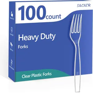 SACATR 100 Count Heavy Duty Disposable Clear Plastic Forks BPA-Free Heat Resistant for Parties Events Everyday Use