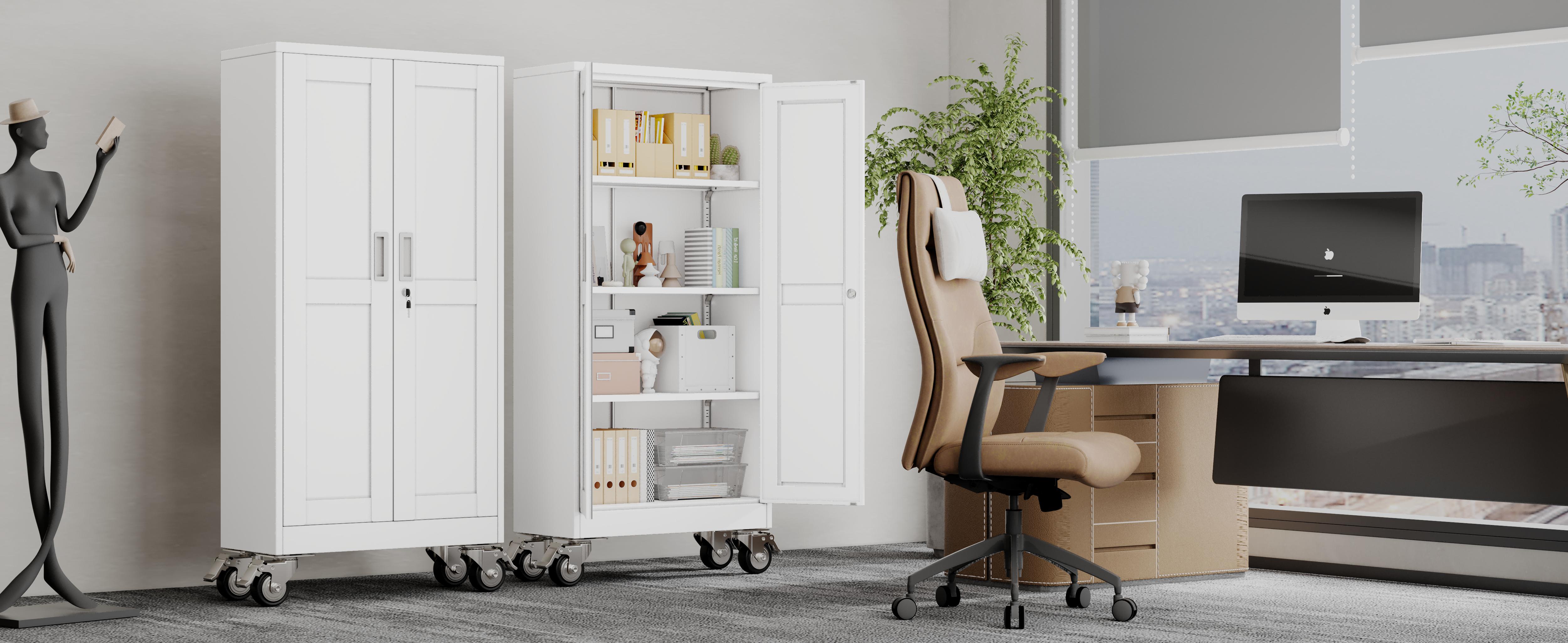 Heavy-Duty Metal Storage Cabinet with Wheels, 2-Door Steel File Cabinet with 5 Adjustable Shelves for Garage, Home Office & Warehouse