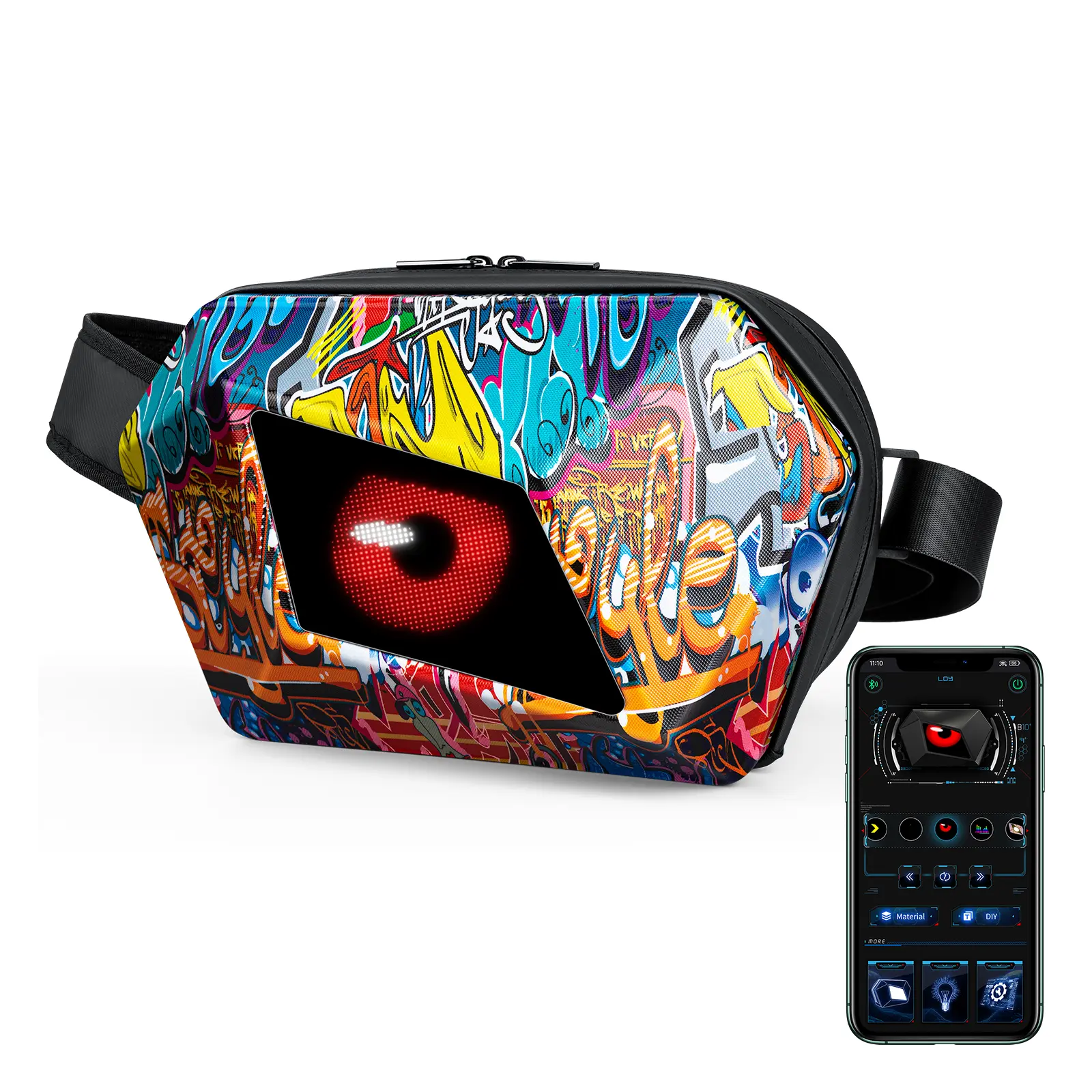 Gelrova Devil's Eye LED Fanny Bag Full Color Screen Programmable DIY Outdoor Advertising Travel Sling Bag with Adjustable Strap & Water Repellent Waist Packs Creative Gifs Versatile Bag