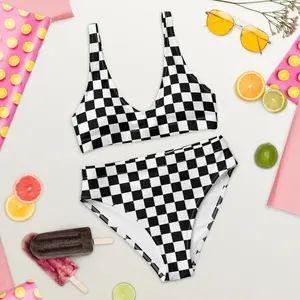 Women Black White Checkered Bikini Set High Waist Two Piece Swimsuit Y2K Retro Racing Flag Print Summer Beach Festival Cute Trendy Swimwear Vacation Pool Party Outfit Gift Her