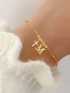 Women's Stainless Steel Zirconia Cross Letter Beaded Bracelet, Bead Chain Design, Casual Style Jewelry Accessory for All Seasons, Stainless Steel Bangle