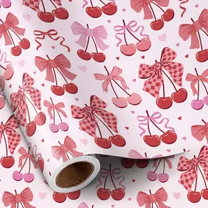 Cherry Bow Wrapping Paper Roll, Valentine  Wrap,  and Red Wrap Paper for Girl Birthday, Valentine's Day, Bachelorette, Galentines, 17 Inch x 16.4