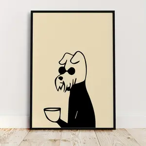 [2D Flat] One Piece of Canvas Art Featuring a Dog Drinking Coffee, Perfect for Modern And Trendy Home Decor. Ideal for Enhancing The Aesthetic of Living Rooms And Bedrooms, And Makes a Great Mother'S Day Gift.