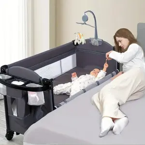 5-in-1 Baby Bedside Sleeper Playard – Bedside Crib, Electric Rocking Bassinet, Diaper Changer, Blackout Cover, Beds Mattress Included, Music, Storage, Remote Control, Automatic Newborn Lounger, Toddler Bed, Crib for Infant, Holiday Gift