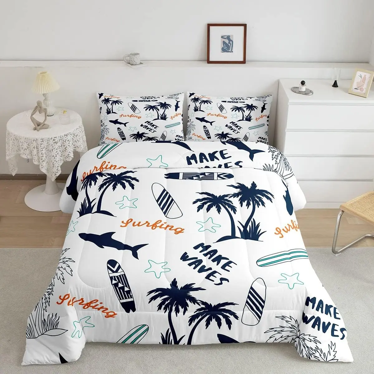 Luxury Quilted Palm Tree Beach Motif Duvet Set - Soft, Breathable Bedding Decor with Comforter, Bedspread Set for Toddler, Full Sized Bed Summer Use, Full Size Bed