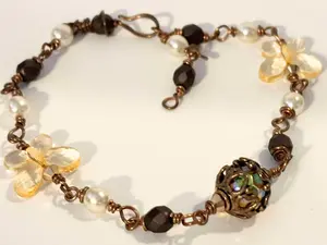Handmade Wire Wrapped Butterfly Anklet with Chocolate Faceted Glass White Glass Pearls and Intricate Copper Accents