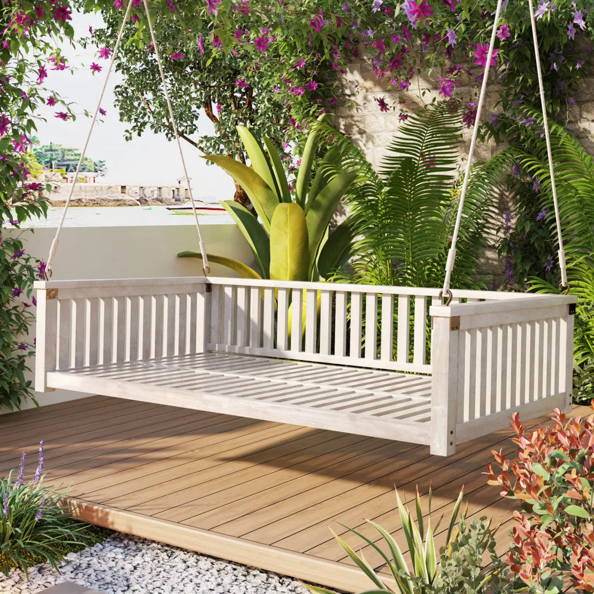TOPMAX Minimalist Twin Size Wood Porch Swing Bed - Rope-Hung Home Outdoor Furniture with Safe Sloped Design, Outdoor Swings for Backyard Patio Garden, White WL