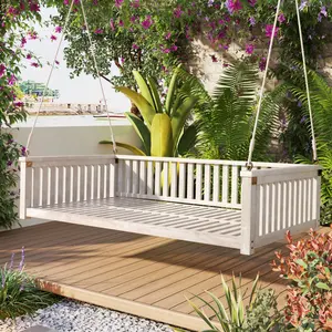 79.1*41.3*21.1 Inch White Acacia Wood Outdoor Swing Bed, Minimalist Patio Hanging Daybed with Hemp Rope, 350 LBS Weight Capacity Fits Twin Size Mattress for Garden Backyard Relaxation