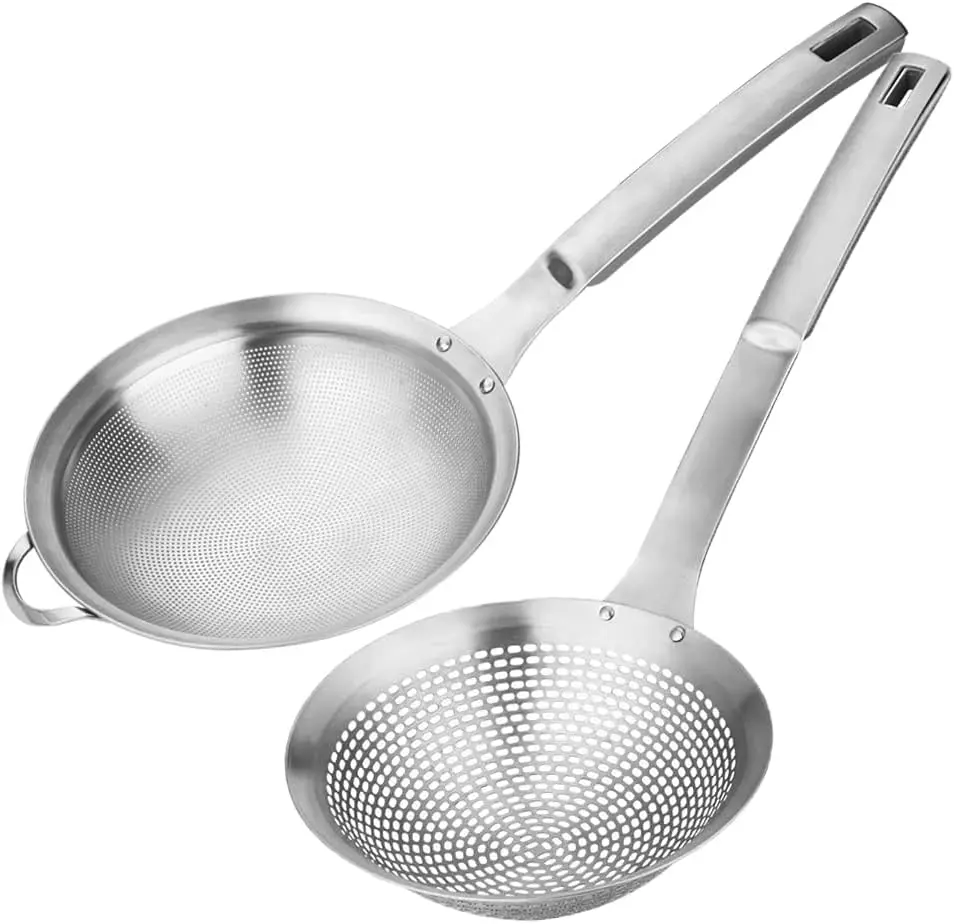 Pack of 2 Fine Mesh Stainless Steel Metal With HoleSieve Food Strainer Grease Spider Skimmer And With Handle Large Holes Slotted Colander Frying Spoon Set,Handheld For Kitchen Cooking And Filter Food Residues