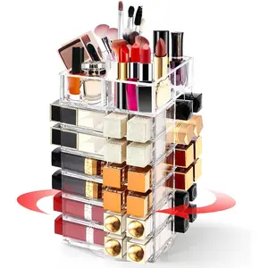 Acrylic lipstick tower holder 360 degree rotating makeup cosmetic lipsticks organizer with 53 slots spinning lipgloss storage display stand holder