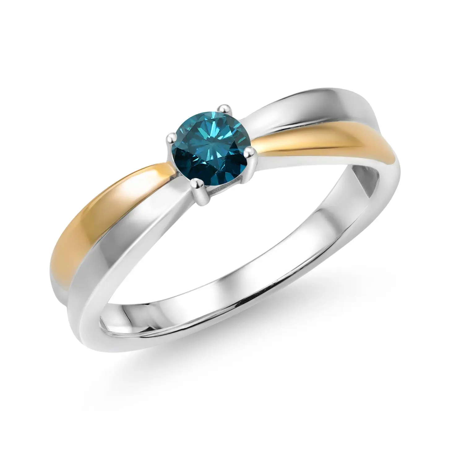 925 Silver and 10K Yellow Gold Blue Diamond Solitaire Engagement Ring For Women (0.27 Cttw, Round 4MM, Gemstone Birthstone)