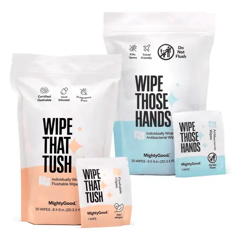 Wipe That Tush & Wipe Those Hands Combo Pack - 2 packs of 30 Individually Wrapped Travel Wipes - Unscented - Travel Friendly