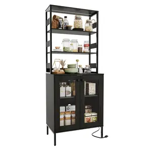 Garvee 67” Tall Bakers Rack Cabine with Power Outlets & LED Lights – Multi-Functional Kitchen Pantry Cabine Coffee Bar Hutch, with Countertop, Glass Doors for Kitchen, Dining Room, Laundry, Hallway Black
