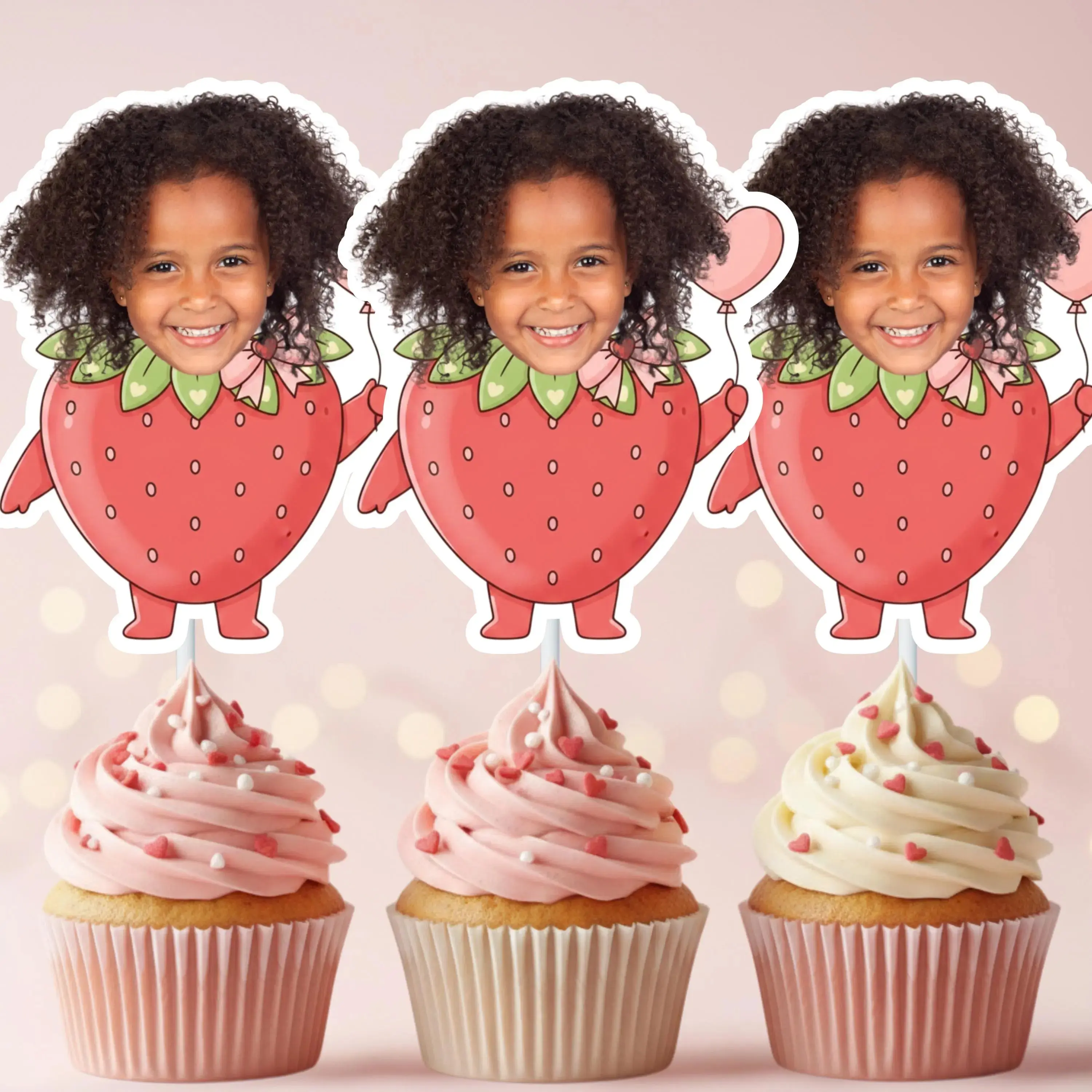 Strawberry Photo Cupcake Toppers – Berry Sweet Birthday Party Decor