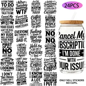 UV DTF Transfer Stickers - 24Pcs/Set Coffee Quotes Theme UV DTF 16OZ DIY Transfer Stickers For 16 Ounce Water Bottle Glass Jar Laptop Home Decor DIY High Viscosity Transfer Paper