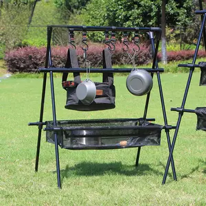 Outdoor Double-Layer Triangle Hanging Rack BBQ Camping Storage Rack Foldable Portable Drying Net Rack Camping Aluminum Alloy Hanging Rod