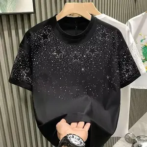 Zhengyu'ShopSummerRhinestoneRivetT-shirtforMenClothingRoundNeckCasualT-shirtFashionHighStreet2024Men'sSummerShortSleeves