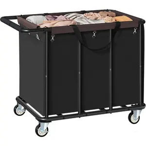 470L Heavy Duty Commercial Laundry Cart with Wheels,Industrial Rolling Laundry Hamper,  Laundry Basket, Metal Frame for Hotel//, 440lbs (Black)