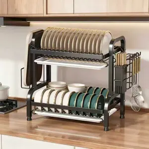 Kitchen Storage Rack with Drainage System, Multi-Functional Utensil Holder for Bowls and Plates, Durable Carbon Steel, Dual Layer Design